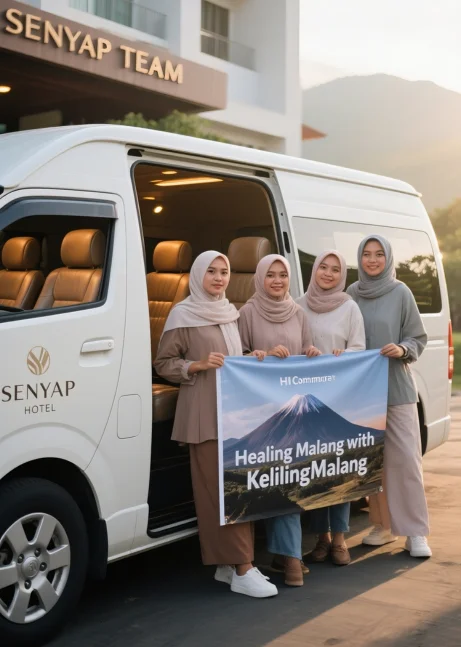 Ilustrasi grup wisata sewa mobil hiace untuk perjalanan di malang