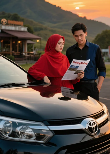 Ilustrasi sepasang traveler sedang melihat brosur sewa mobil malang